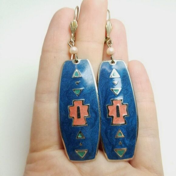 Vintage Blue Enamel Southwestern Pattern Long Dangle Earrings, Estate - Picture 1 of 6